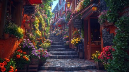 Fototapeta premium A cobblestone street lined with colorful flowers and charming shops in a European village.