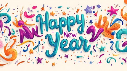 Whimsical "Happy New Year" text in curly, hand-drawn letters, bright colors like teal, purple, and lime green, surrounded by swirling lines, stars, and confetti shapes, subtle shadows adding depth,