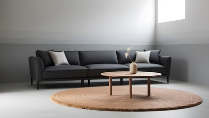 A minimalist living room showcases grey walls, a dark grey sofa enhanced by accent cushions in deep charcoal grey, a robust rounded wooden table, and a vase containing a single flower