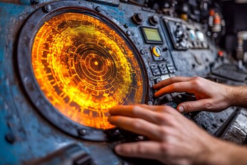A close-up of a hand operating a vintage radar control panel with glowing orange display.