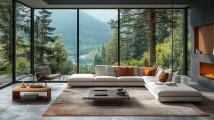 Fototapeta premium Stunning Modern Living Room Overlooking Woods