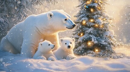 A cute polar bear family celebrating Christmas under a snowy tree