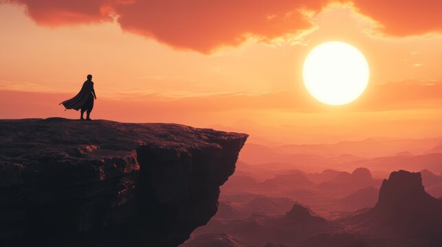 A hero figure standing on a cliffside, silhouetted against a dramatic sunset. 