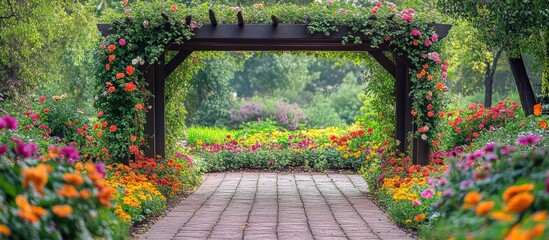 Obraz premium A wooden arbor covered in vines and flowers creates a beautiful entrance to a garden path. The path leads through a colorful field of flowers.