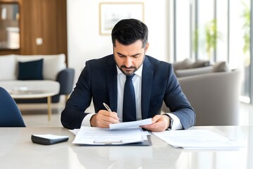 Professional Businessman Scrutinizing Medical Charts and Reports in Elegant Office Setting