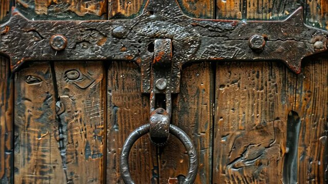 A close-up view of a weathered wooden door with a large iron ring handle and hinge