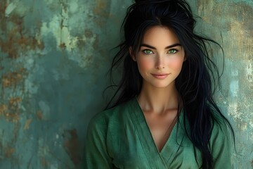 Fototapeta premium A young woman with long black hair and green eyes smiles gently as she leans against a textured green wall.