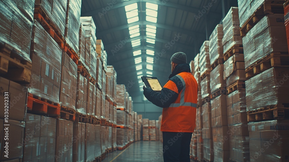 Poster Workers in a logistics hub scanning packages for tracking and sorting for delivery Stock Photo with side copy space