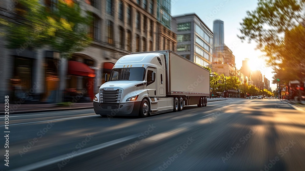 Poster driverless trucks navigating through an urban environment delivering goods stock photo with side cop