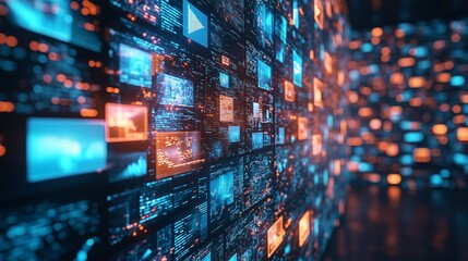 A dynamic background of digital screens with glowing data and images, representing the advanced technology behind video streaming services.