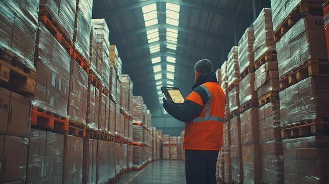 Workers in a logistics hub scanning packages for tracking and sorting for delivery Stock Photo with side copy space
