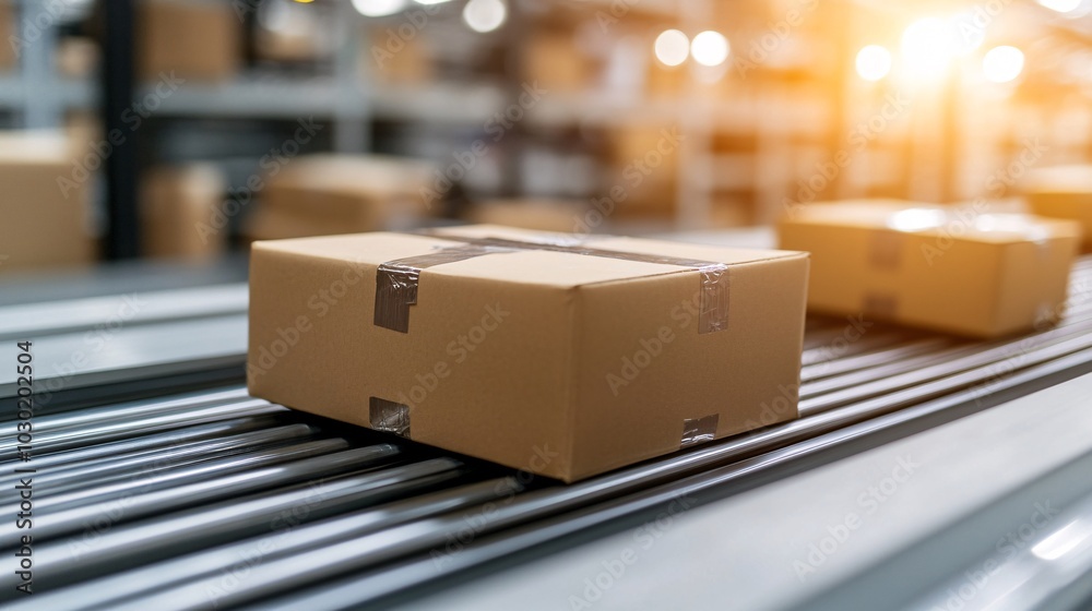 Poster Automated conveyor belts in a fulfillment center sorting packages for delivery Stock Photo with side copy space