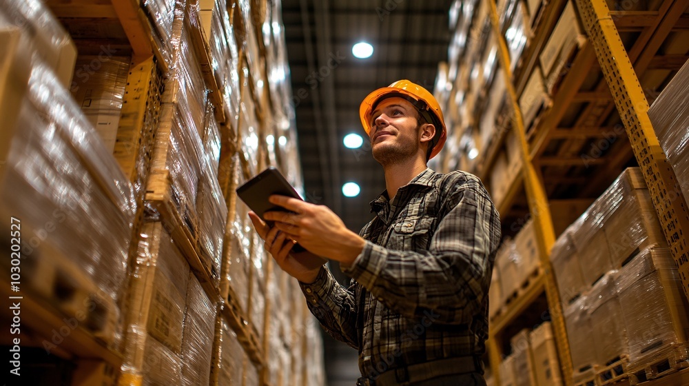 Poster Warehouse worker checking inventory with a handheld device in a large storage facility Stock Photo with side copy space