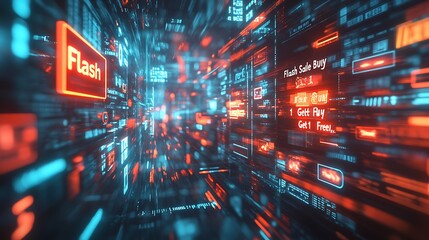 Obraz premium A chaotic scene of overlapping browser windows, each displaying different online discounts like “Flash Sale” and “Buy 1 Get 1 Free,” vivid light effects and neon colors,