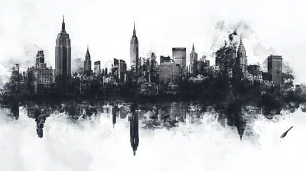 Fototapeta premium panoramic view of america skyscraper buildings american architecture nyc usa united satates ruban city view watercolor artistic illustration modern first world land marks digital painting liberty