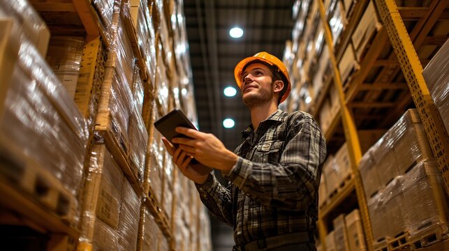 Warehouse worker checking inventory with a handheld device in a large storage facility Stock Photo with side copy space