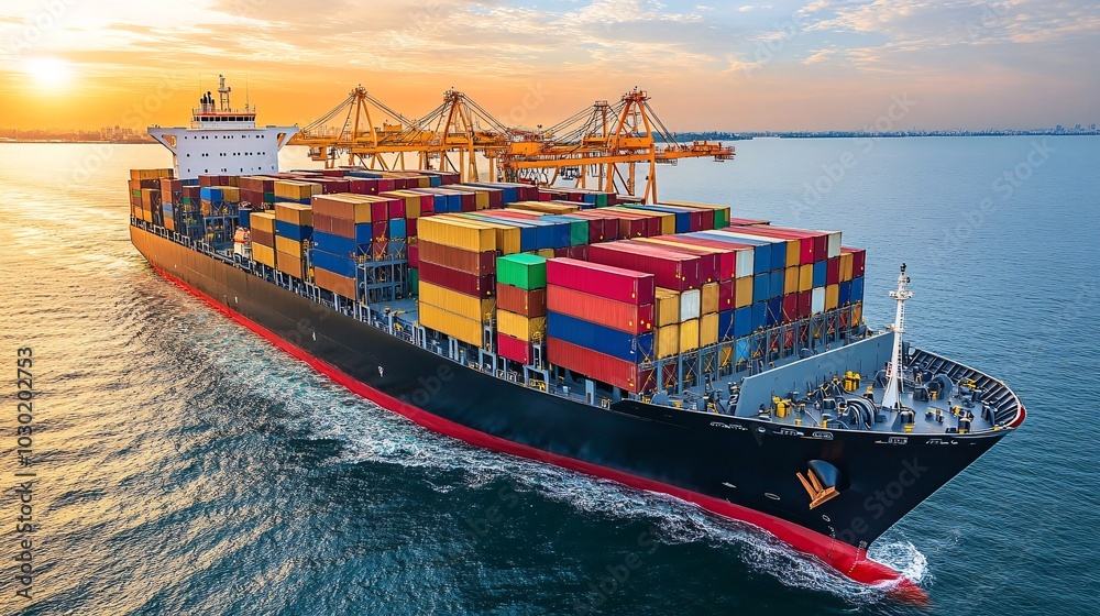 Poster massive cargo ship navigating through a busy port under the control of cranes and logistics teams st