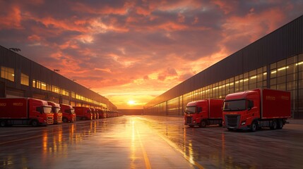 International delivery trucks arriving at a warehouse for goods transfer and redistribution Stock Photo with side copy space