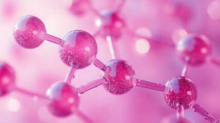 Abstract close-up of carbon spheres forming the structure of an organic molecule on a pink background, concept of scientific research and chemical engineering in the style of bidin beer production