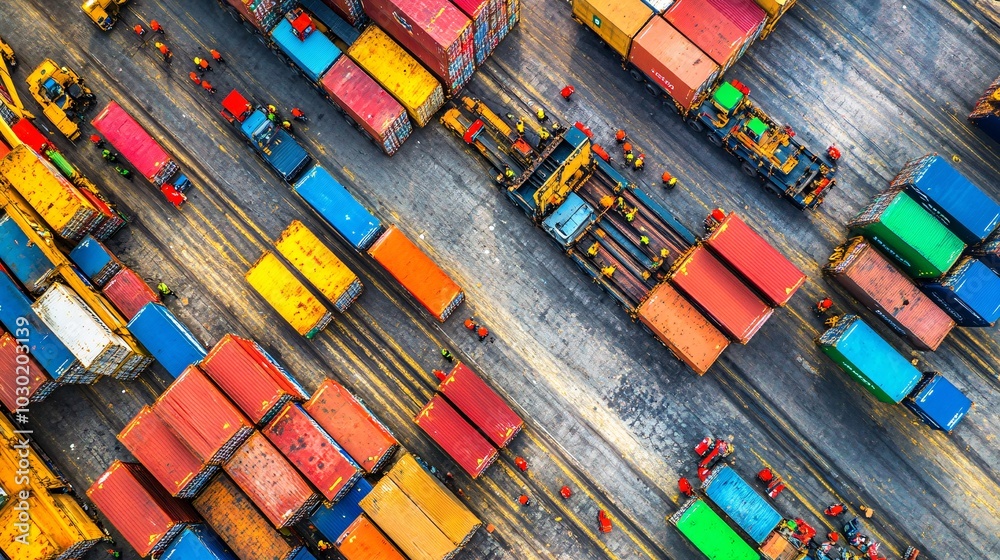 Poster Workers wearing safety vests managing the loading of shipping containers onto trucks Stock Photo with side copy space