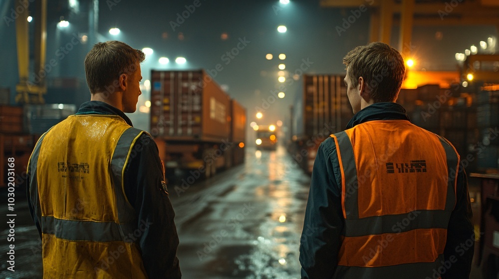 Poster workers wearing safety vests managing the loading of shipping containers onto trucks stock photo wit