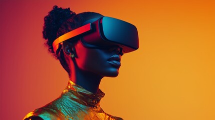 African woman wearing a VR headset, with a gradient background and neon colors in a high contrast and sharp focus style, in the style of high resolution photography