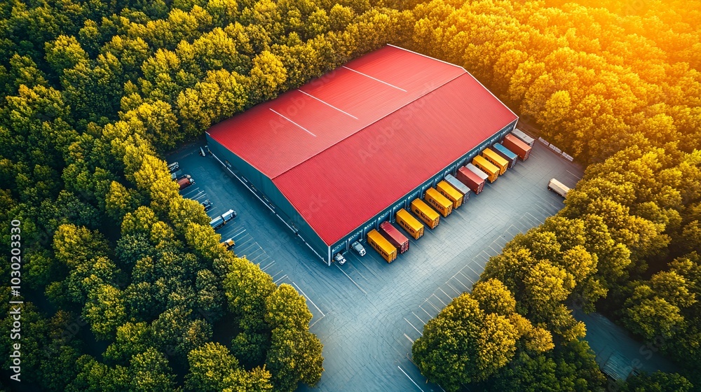 Poster Overhead view of a sprawling logistics hub with trucks and containers moving goods efficiently Stock Photo with side copy space