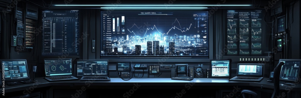 Poster an overview of the data center management and monitoring system and connectivity lines against the b
