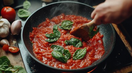Mixing tomato sauce with spinach in a frying pan. over a heated frying pan2