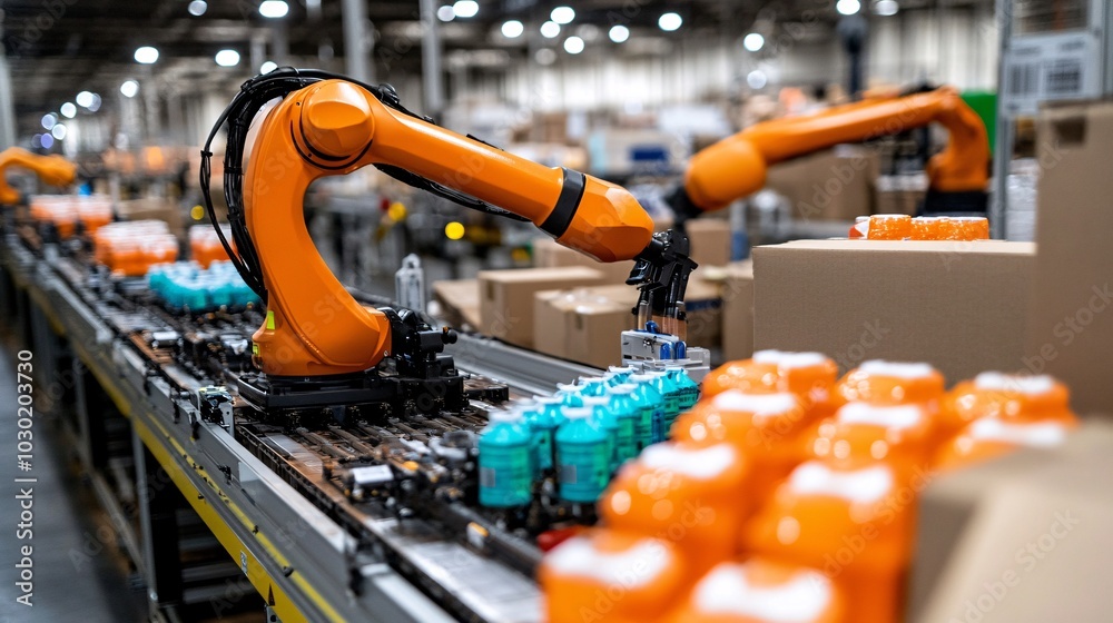Poster Automated warehouse with robotic arms handling inventory and preparing goods for shipment Stock Photo with side copy space