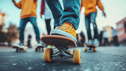 Skaters glide down urban streets in colorful attire on bright sunny afternoon