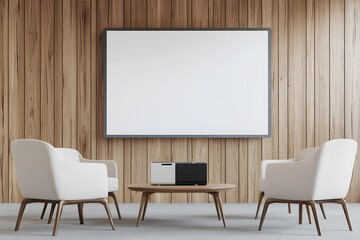 Cozy Modern Minimal Living Room with Wooden Furniture and Blank Wall Frame