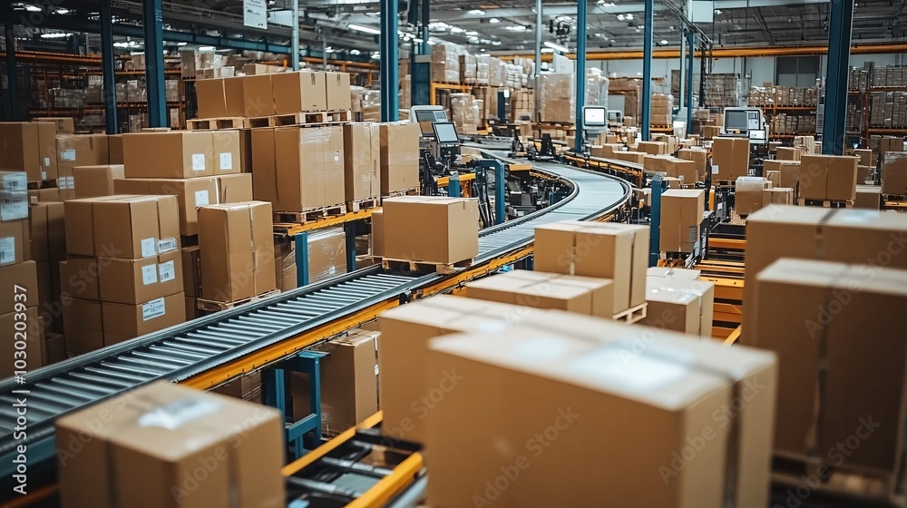 Poster High-tech distribution center with conveyor belts and automated systems moving packages Stock Photo with side copy space