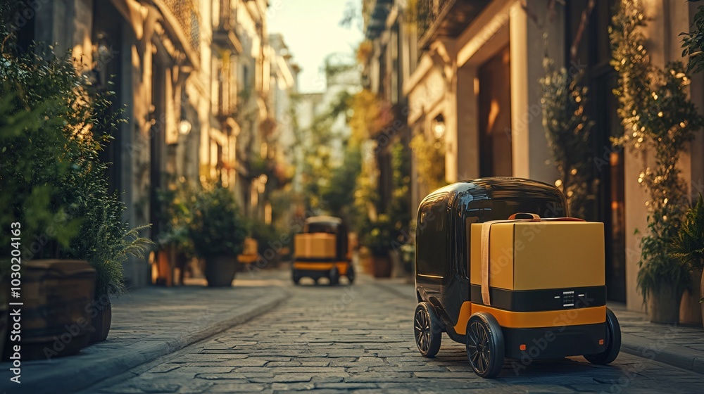Poster Delivery robots navigating through an urban environment carrying packages to customers Stock Photo with side copy space