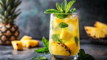 A glass of refreshing pineapple and mint drink.