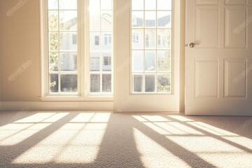 Fototapeta premium In a modern luxury apartment home with large windows, bright lighting, and carpeting, the entrance to an empty bedroom can be seen