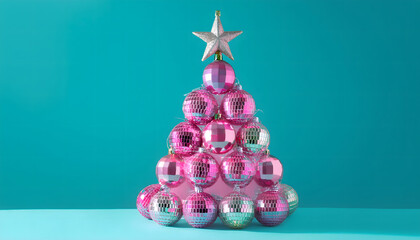 christmas, tree, decoration, xmas, celebration, pink, color, on, turquoise, background, studio, copy space, banner, card, design, glow, sweet, balls, bell, gold, december, bells, ball, season, fir, ad