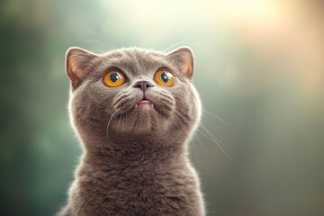Cat looks surprised and scared at home. Young cat makes wide eyes closeup. Crazy American shorthair cat on sofa with funny face. Emotional wide-eyed cat looking surprised and scared at home.