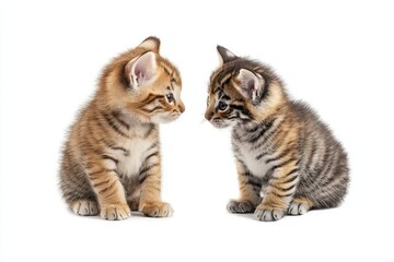 Fototapeta premium On a white background, a kitten is looking in a mirror at a reflection of a tiger.