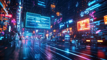 A cyber-themed portal made of glowing blue and purple neon lights, shoppers leaping through into a digital Black Friday world with floating price tags and products,