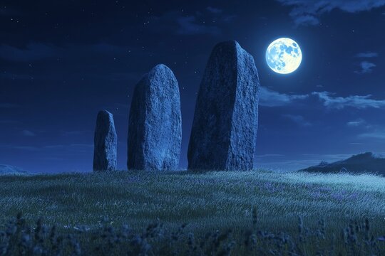 This is rocky formation on grassy hillside. It's beautiful to see runa mountain at night in the full moonlight during the summer in the Carpathian mountains.