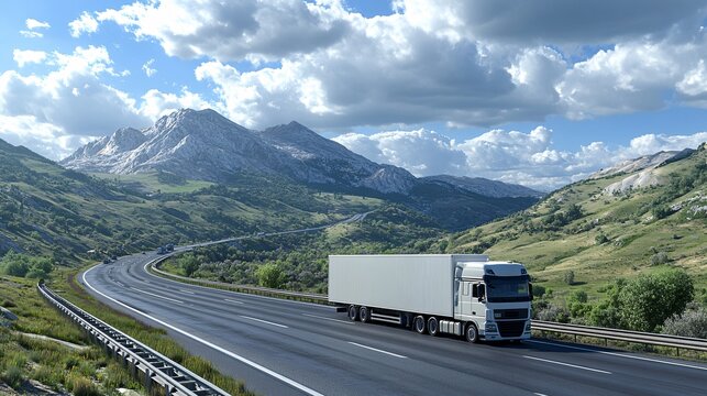 Truck convoy driving along a highway transporting goods to various destinations Stock Photo with side copy space