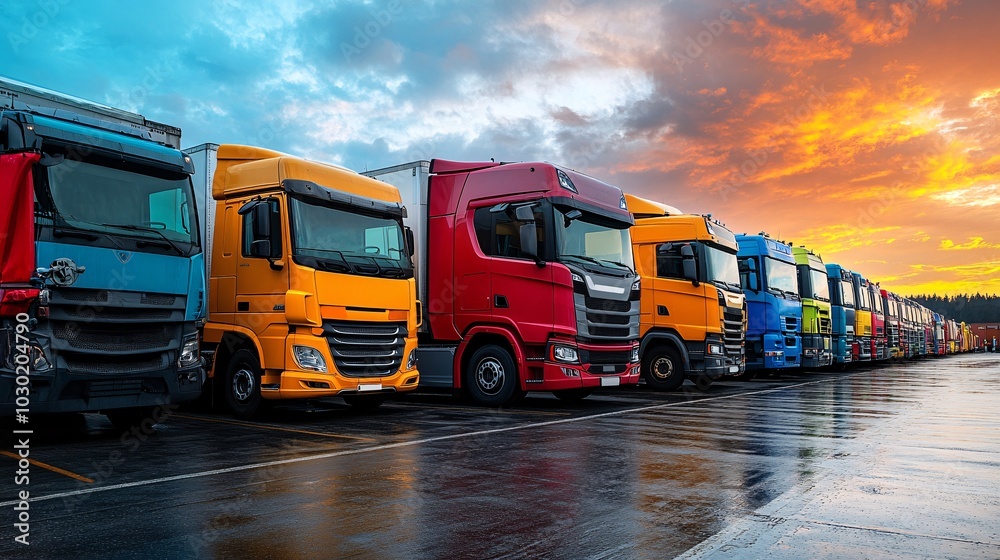 Poster trucks and trailers lined up in a logistics center waiting for goods to be loaded for delivery stock