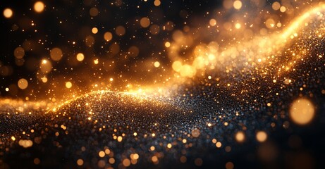 Obraz premium Light flare or glare overlay effect on top of gold glitter particles background for luxury premium product design template backdrop.