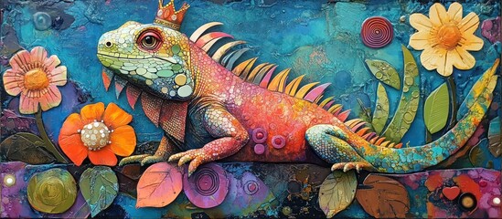 A colorful iguana wearing a crown, surrounded by flowers and leaves, against a blue background.