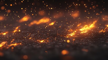 Fiery orange glowing flying particles over black background in 4K with red hot sparks rising from large fire in night sky. Beautiful abstract background on fire, light and life theme.