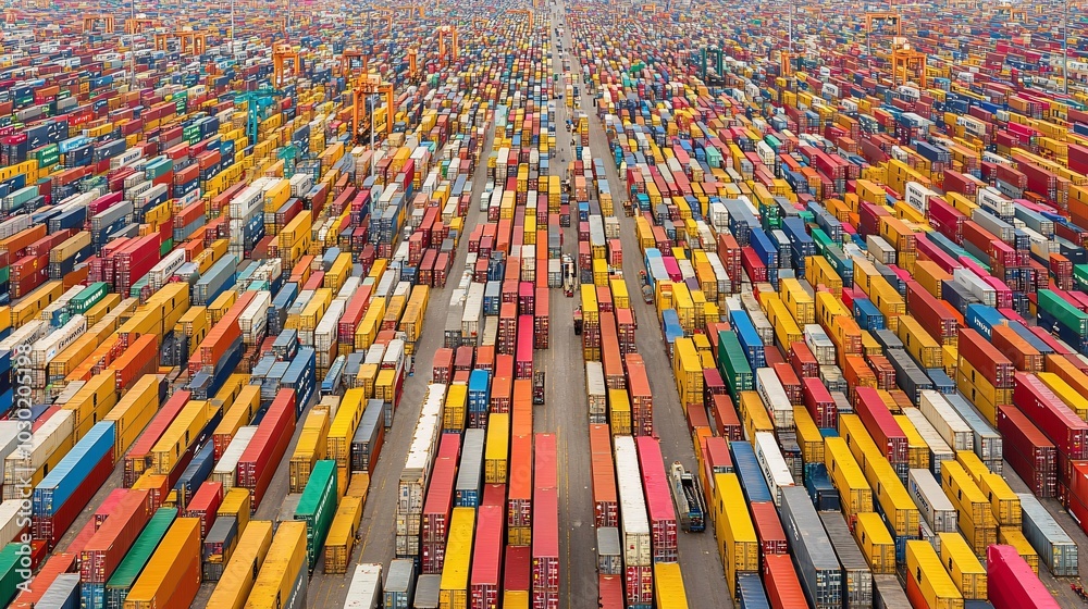 Poster busy cargo port filled with shipping containers cranes and transport vehicles working in unison stoc