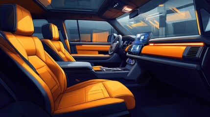 Fototapeta premium An illustration of a family-friendly SUV interior designed for comfort and convenience, with plush seats, a panoramic sunroof, and a rear entertainment system.