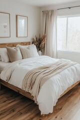Cozy bedroom with a comfortable bed, natural light and decor.