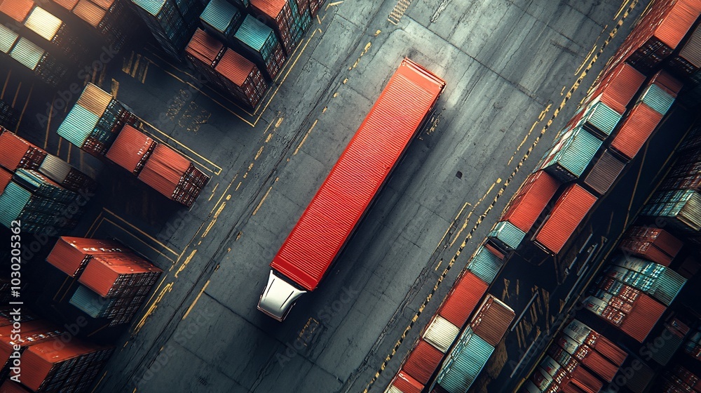 Poster Overhead view of a truck navigating through a busy logistics terminal filled with containers Stock Photo with side copy space